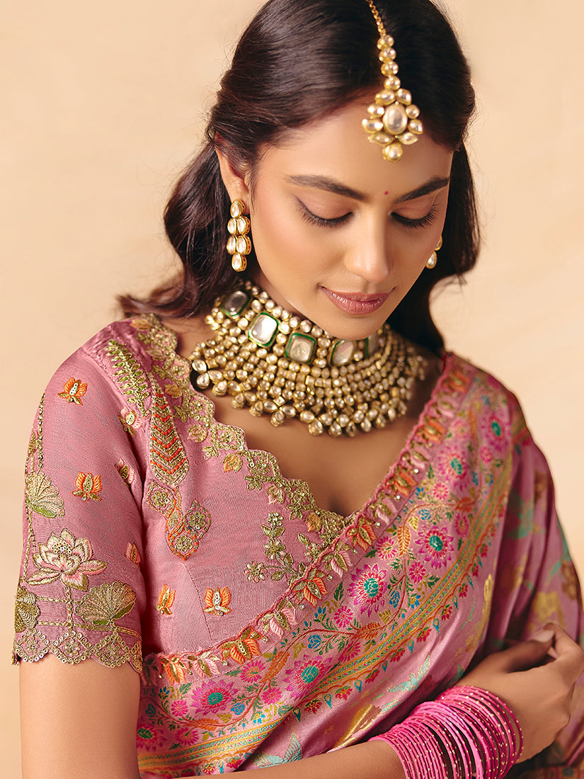 Monjolika Fashion Pink Embroidered Silk Blend Saree - Distacart