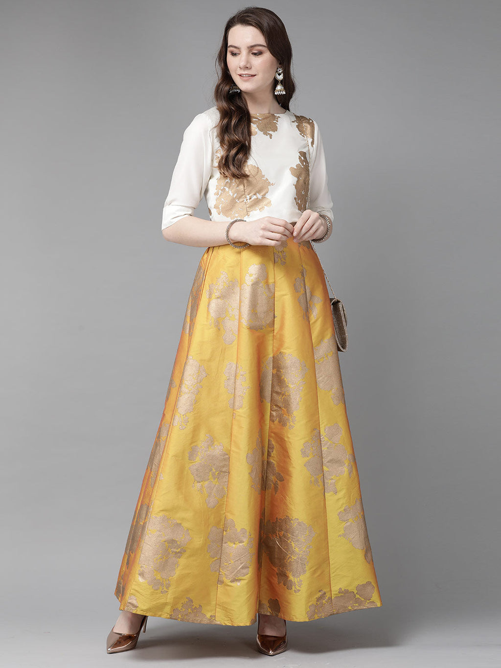 Juniper Women Mustard Dupion Printed Flared Lehenga Choli Sets - Distacart
