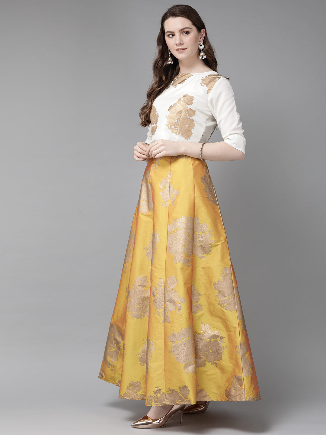 Juniper Women Mustard Dupion Printed Flared Lehenga Choli Sets - Distacart
