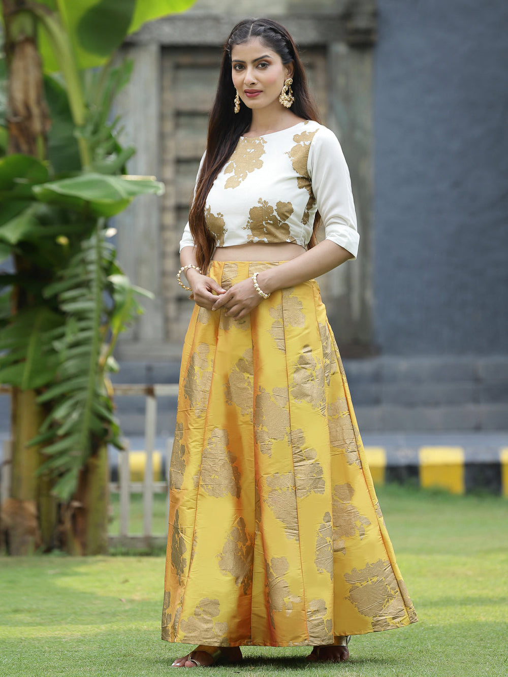 Juniper Women`s Mustard Dupion Printed Flared Lehenga Choli Sets - Distacart