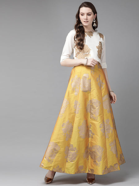 Juniper Women Mustard Dupion Printed Flared Lehenga Choli Sets
