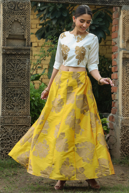 Juniper Women`s Mustard Dupion Printed Flared Lehenga Choli Sets
