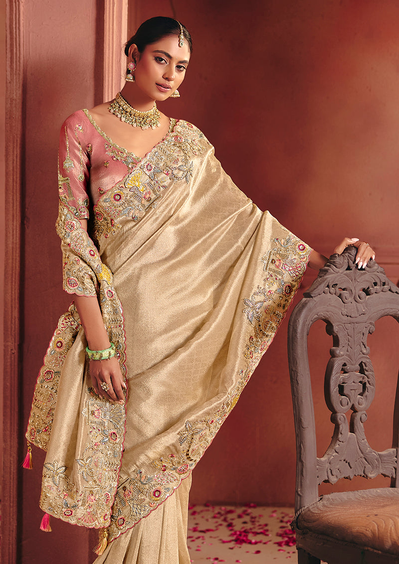 Monjolika Fashion Cream Silk Blend Embroidered Saree - Distacart