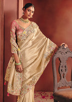 Monjolika Fashion Cream Silk Blend Embroidered Saree - Distacart