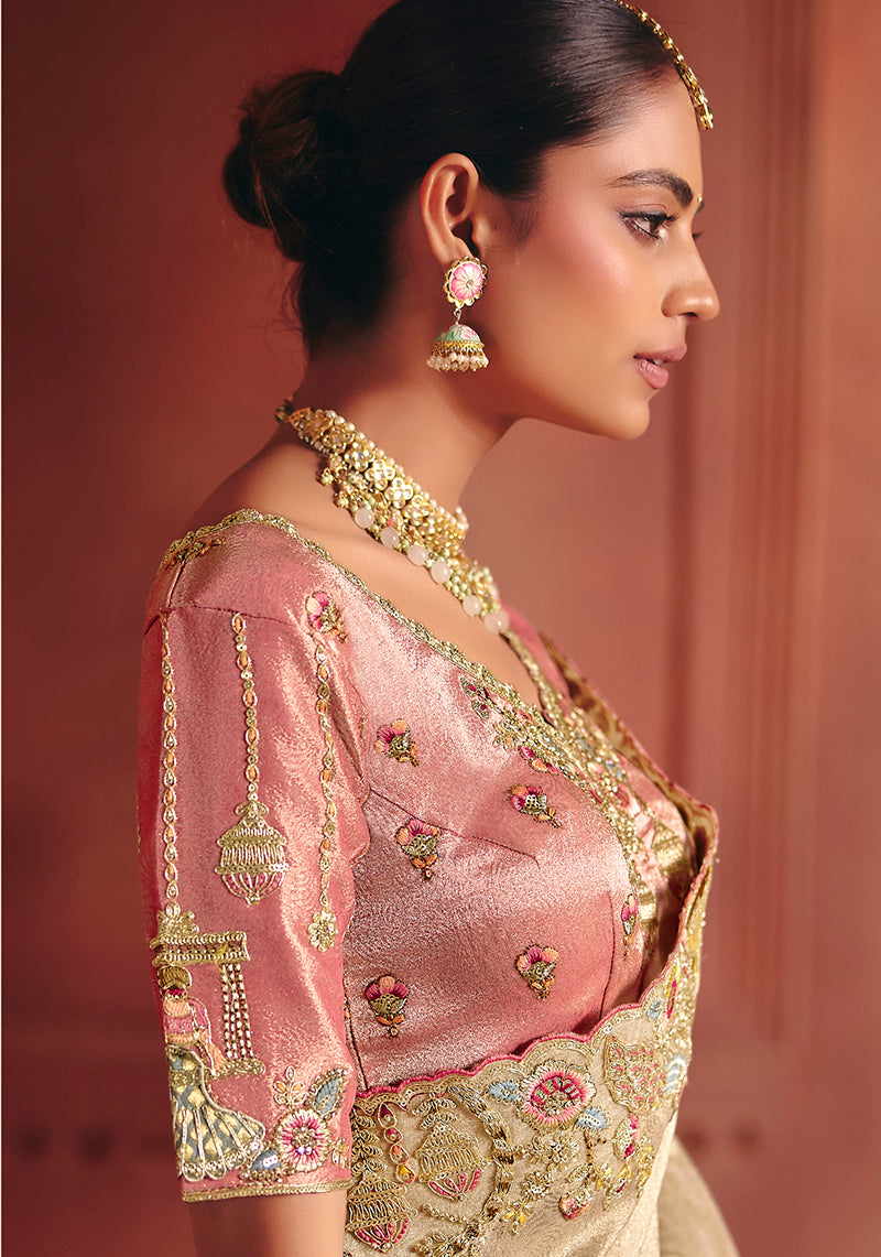 Monjolika Fashion Cream Silk Blend Embroidered Saree - Distacart