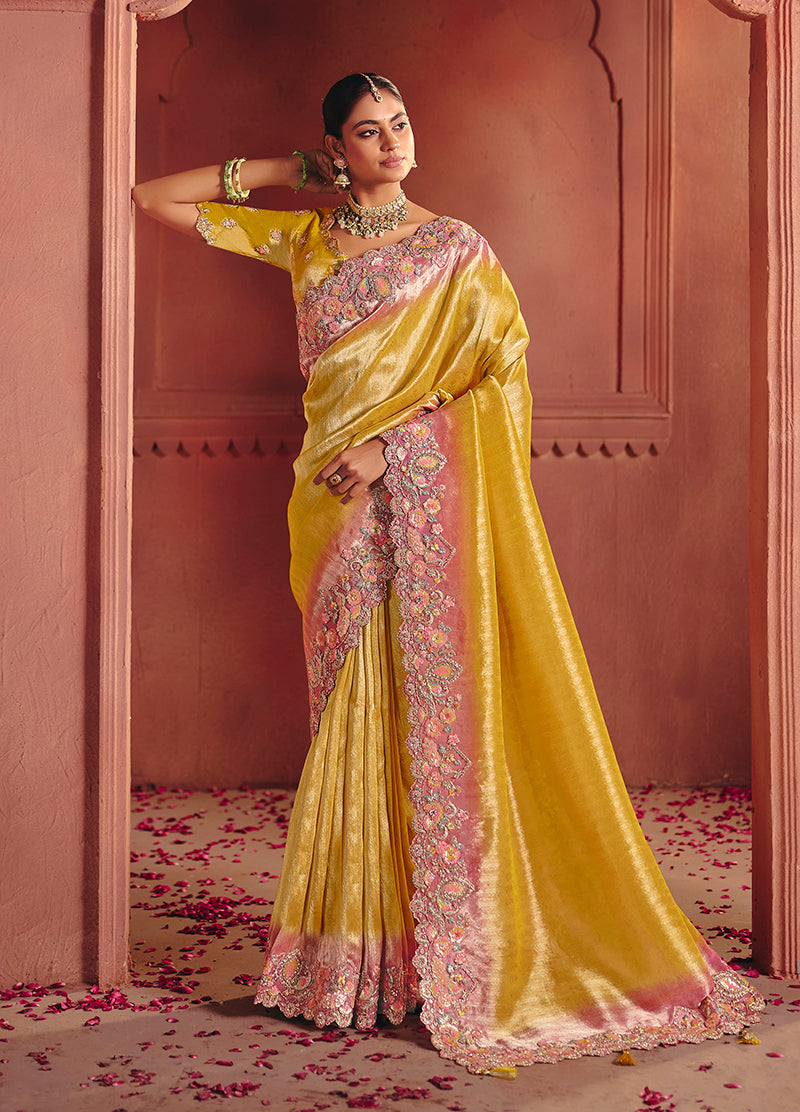 Monjolika Fashion Yellow Silk Blend Embroidered Saree - Distacart