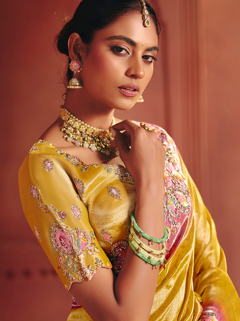Monjolika Fashion Yellow Silk Blend Embroidered Saree - Distacart