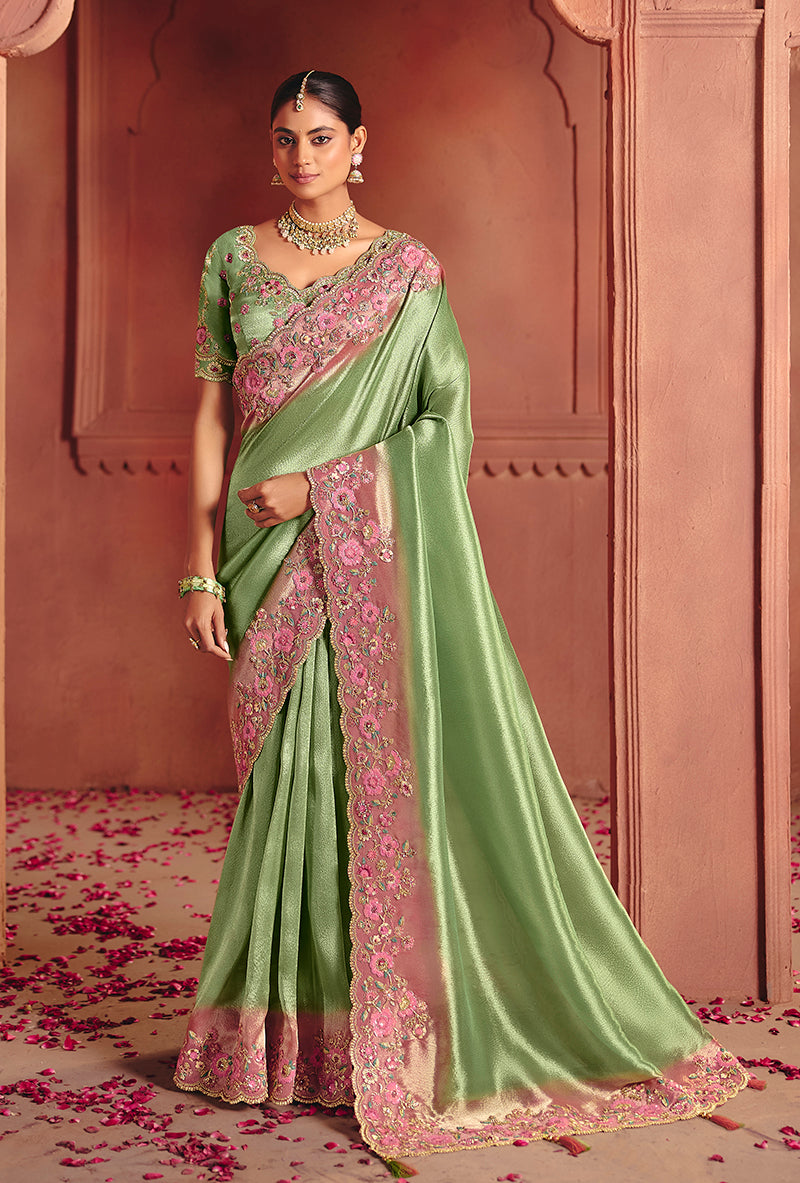 Monjolika Fashion Sea Green Silk Blend Embroidered Saree - Distacart