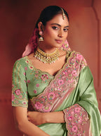 Monjolika Fashion Sea Green Silk Blend Embroidered Saree - Distacart