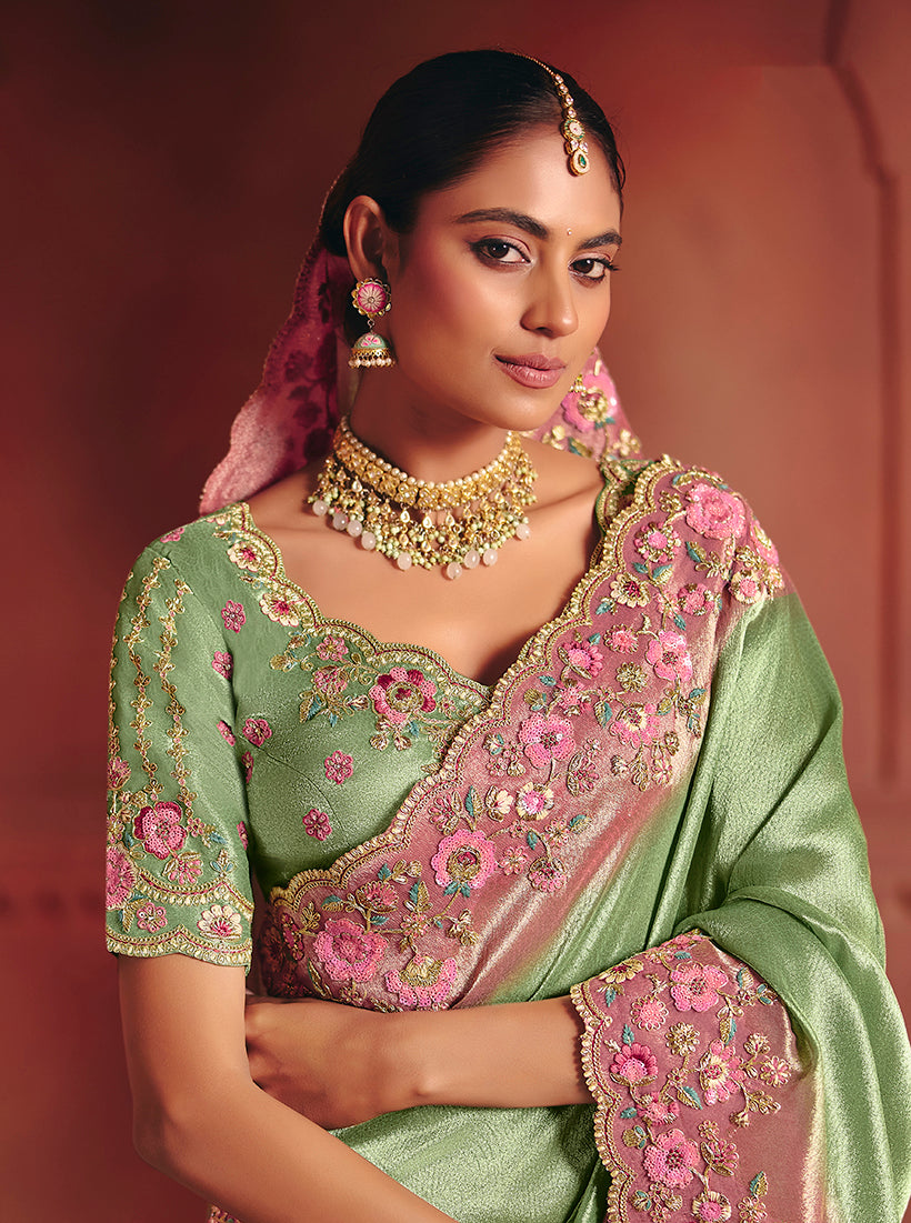 Monjolika Fashion Sea Green Silk Blend Embroidered Saree - Distacart