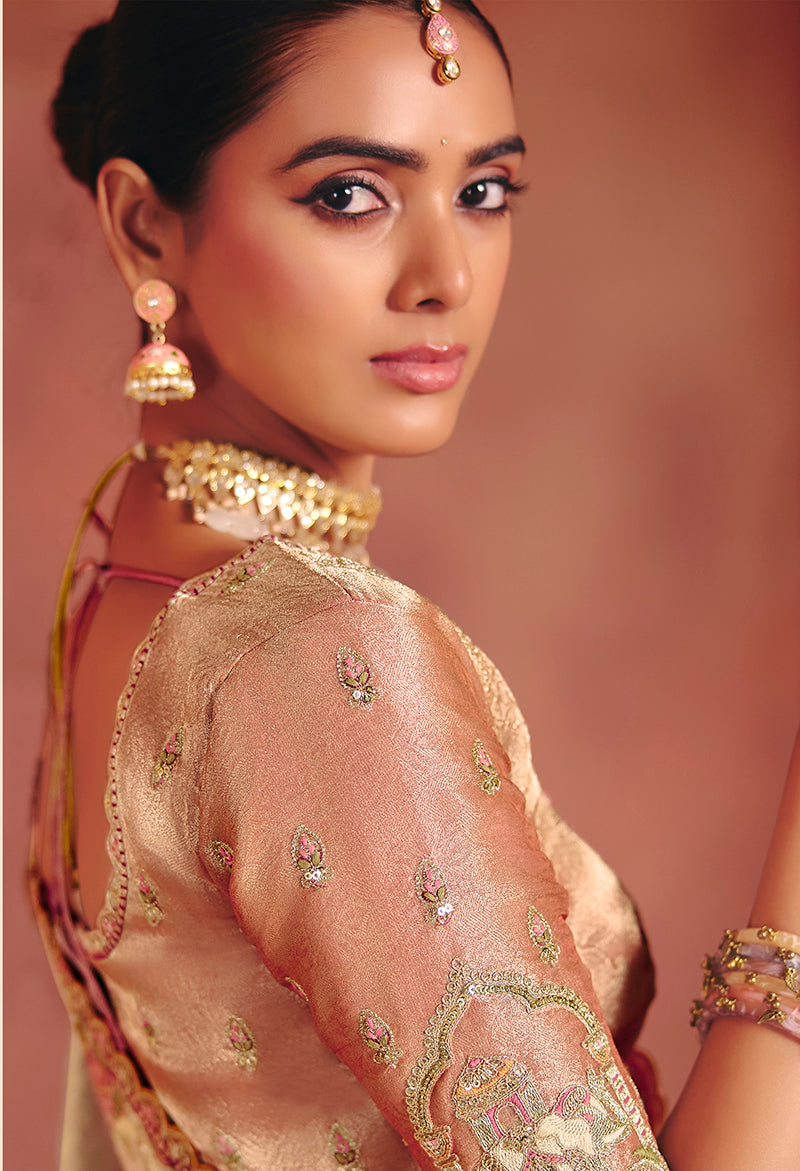 Monjolika Fashion Beige Silk Blend Embroidered Saree - Distacart