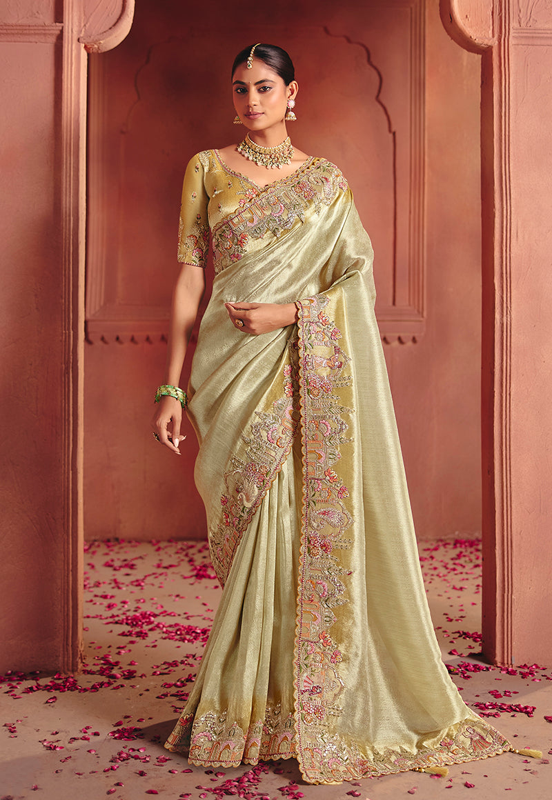 Monjolika Fashion Pista Green Silk Blend Embroidered Saree - Distacart