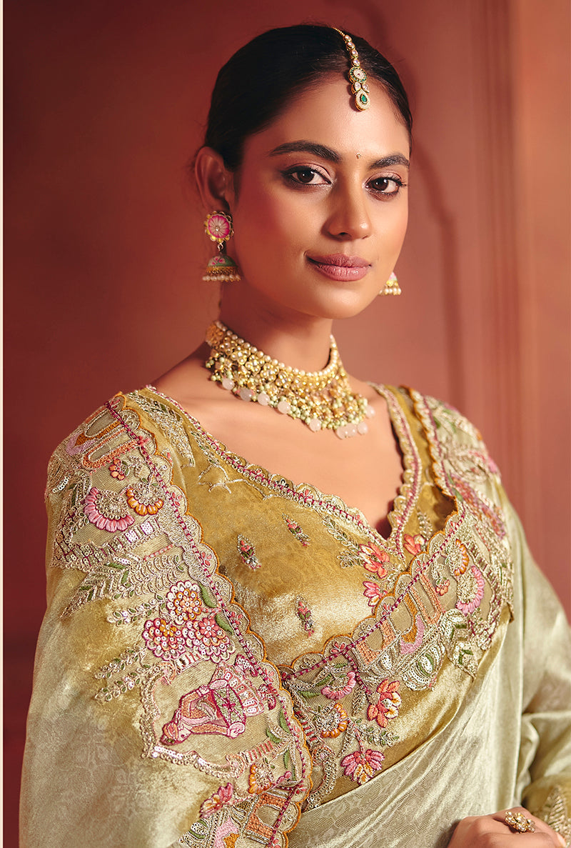 Monjolika Fashion Pista Green Silk Blend Embroidered Saree - Distacart