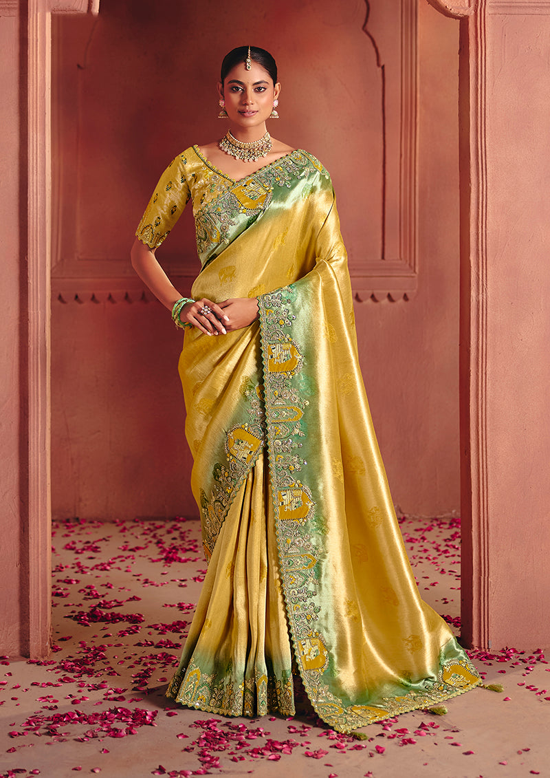 Monjolika Fashion Mustard Silk Blend Embroidered Saree - Distacart