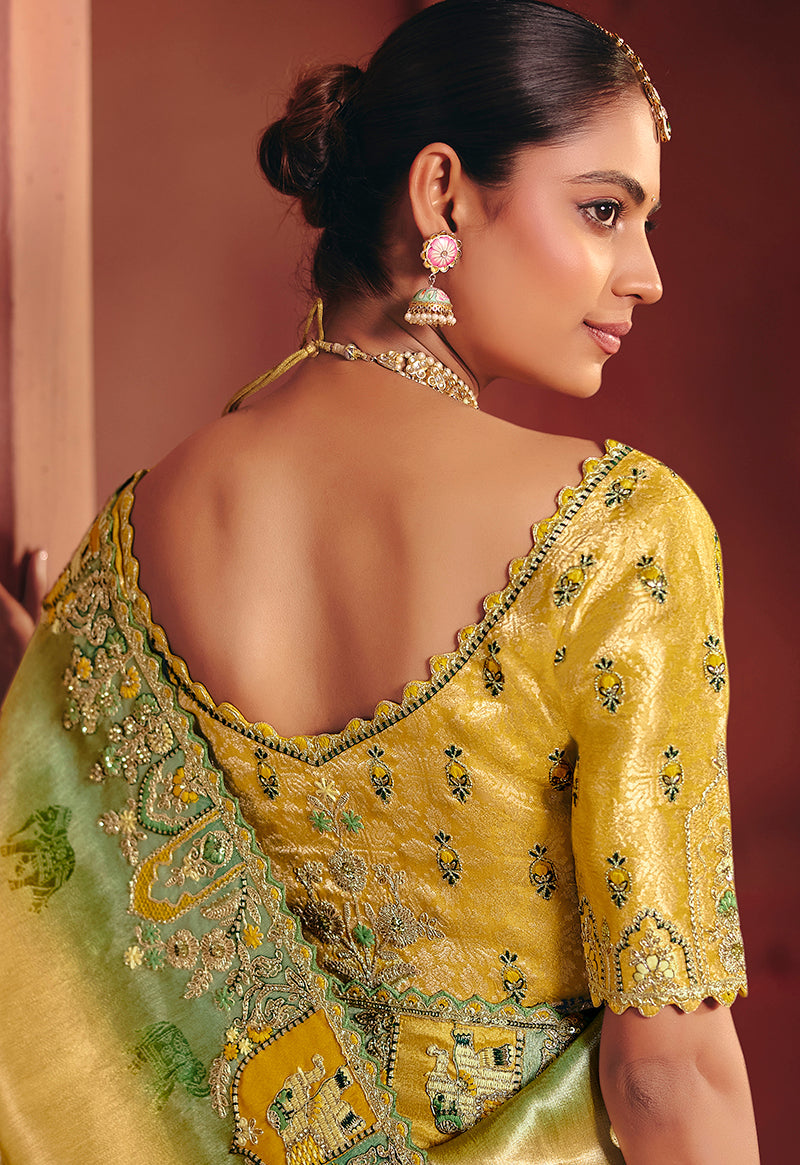 Monjolika Fashion Mustard Silk Blend Embroidered Saree - Distacart