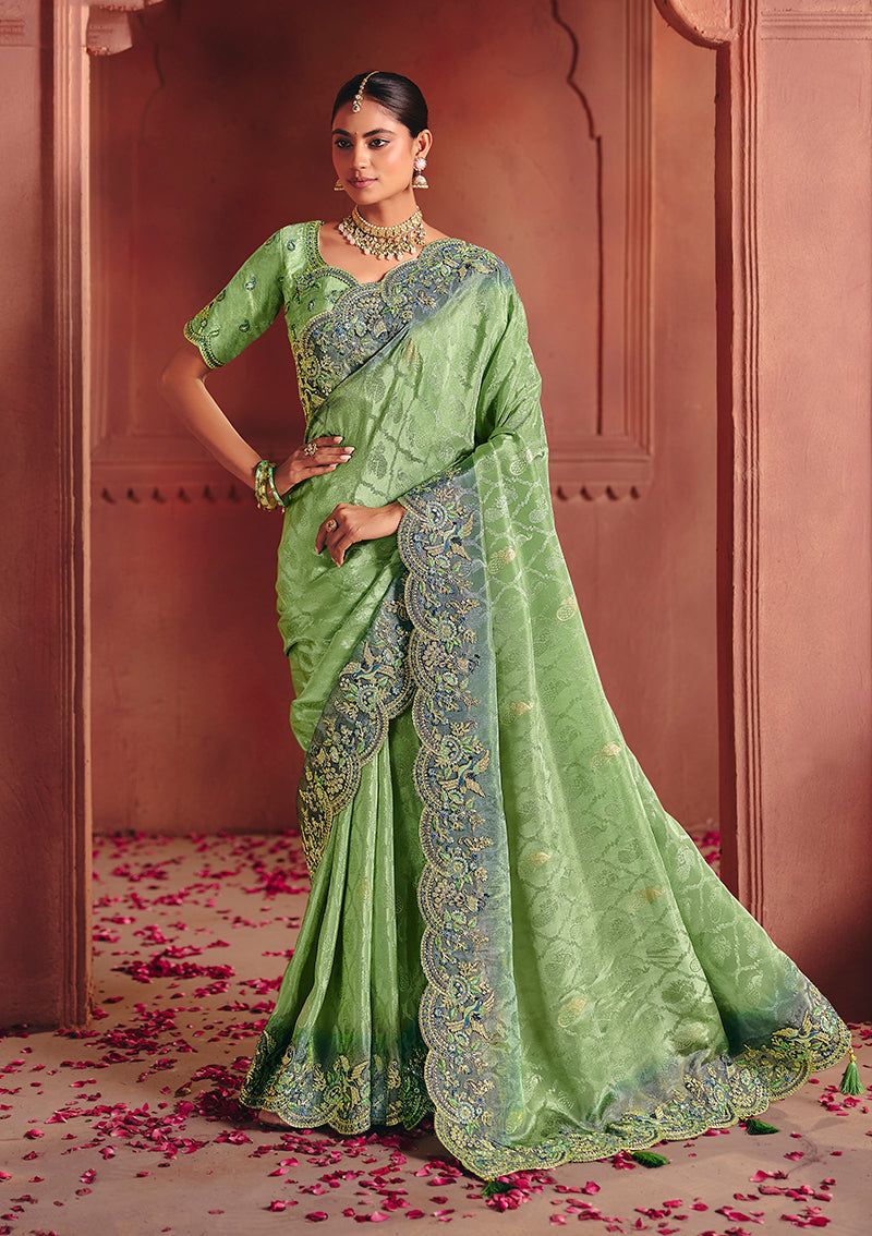 Monjolika Fashion Jacquard Sea Green Embroidered Wedding Saree - Distacart