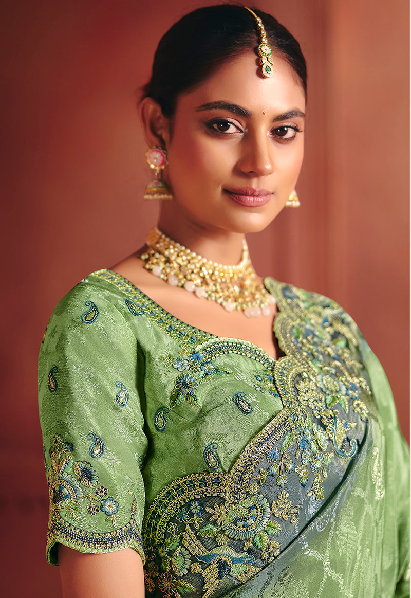 Monjolika Fashion Jacquard Sea Green Embroidered Wedding Saree - Distacart