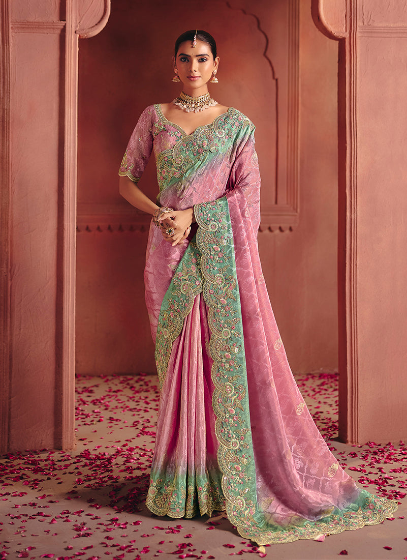 Monjolika Fashion Pink Silk Blend Embroidered Saree - Distacart