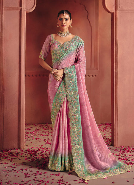Monjolika Fashion Pink Silk Blend Embroidered Saree