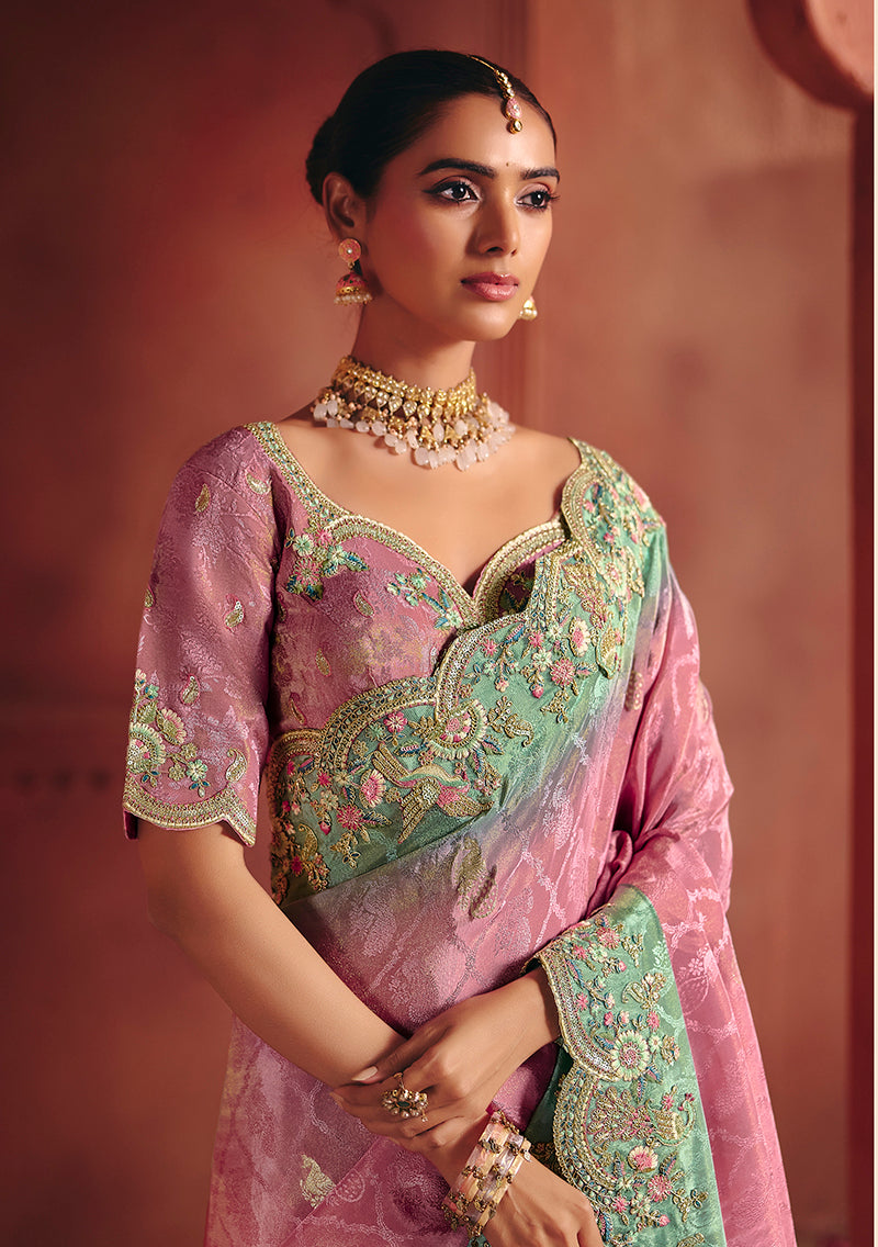 Monjolika Fashion Pink Silk Blend Embroidered Saree - Distacart