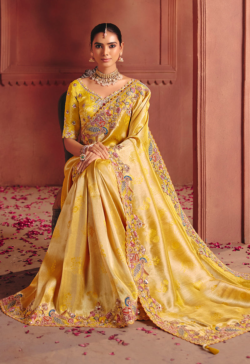 Monjolika Fashion Yellow Silk Blend Embroidered Saree - Distacart