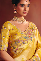 Monjolika Fashion Yellow Silk Blend Embroidered Saree - Distacart