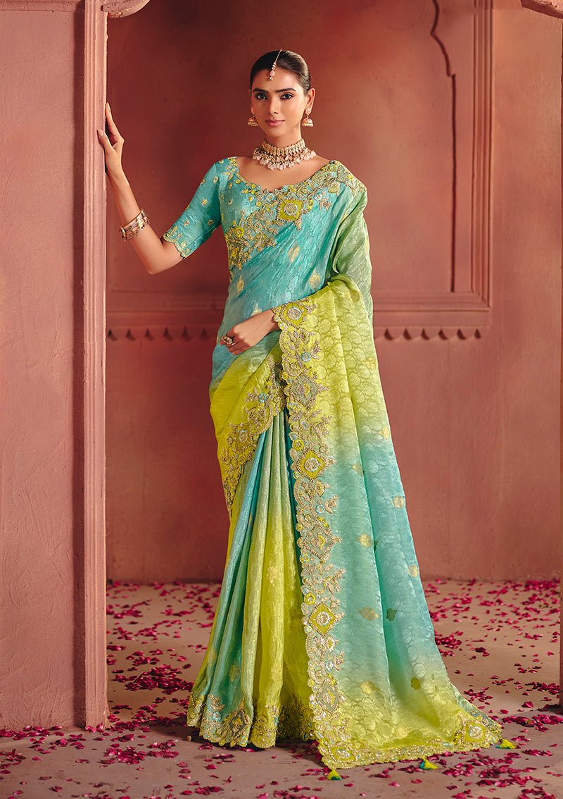 Monjolika Fashion Jacquard Multicolor Embroidered Wedding Saree - Distacart