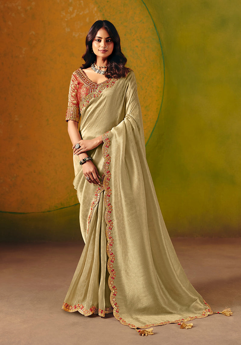 Monjolika Fashion Beige Embroidered Silk Blend Saree - Distacart