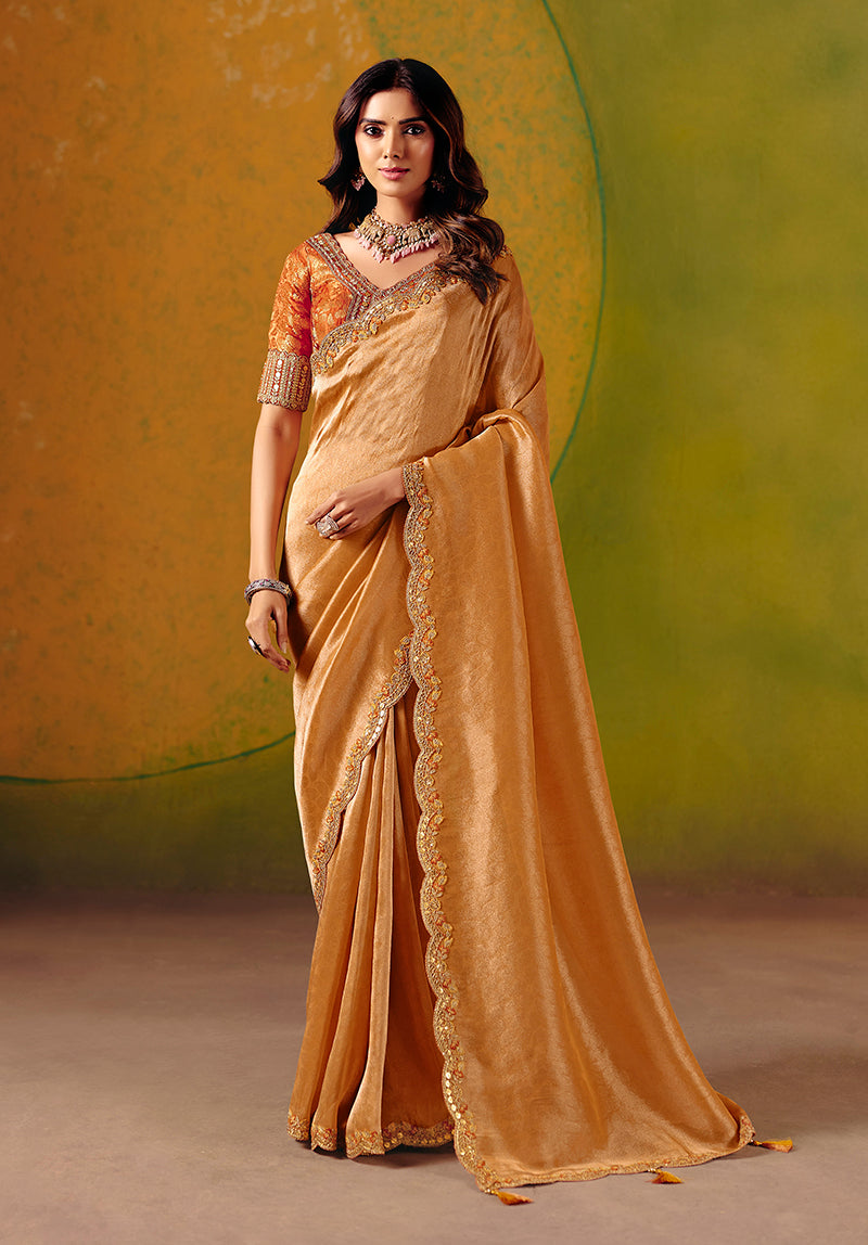 Monjolika Fashion Peach Embroidered Silk Blend Saree - Distacart