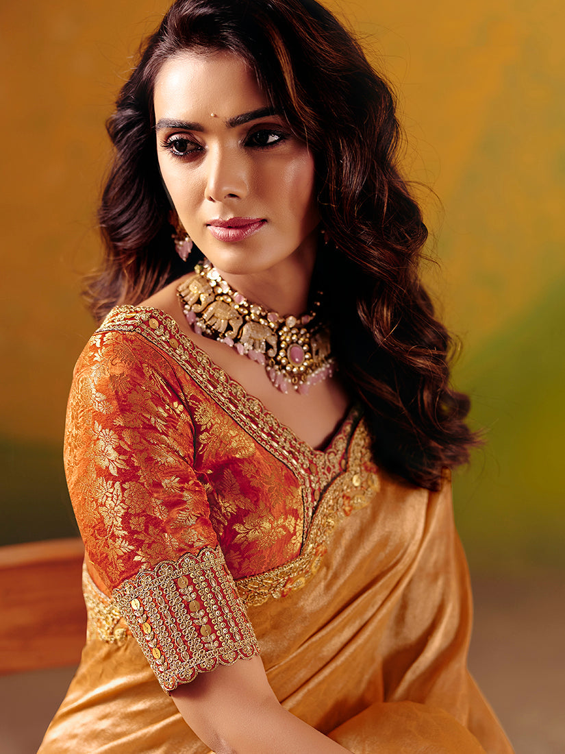Monjolika Fashion Peach Embroidered Silk Blend Saree - Distacart