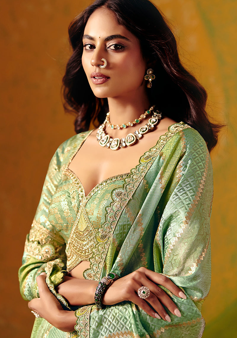 Monjolika Fashion Sea Green Embroidered Jacquard Saree - Distacart