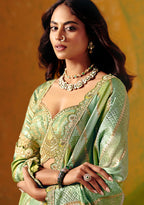 Monjolika Fashion Sea Green Embroidered Jacquard Saree - Distacart