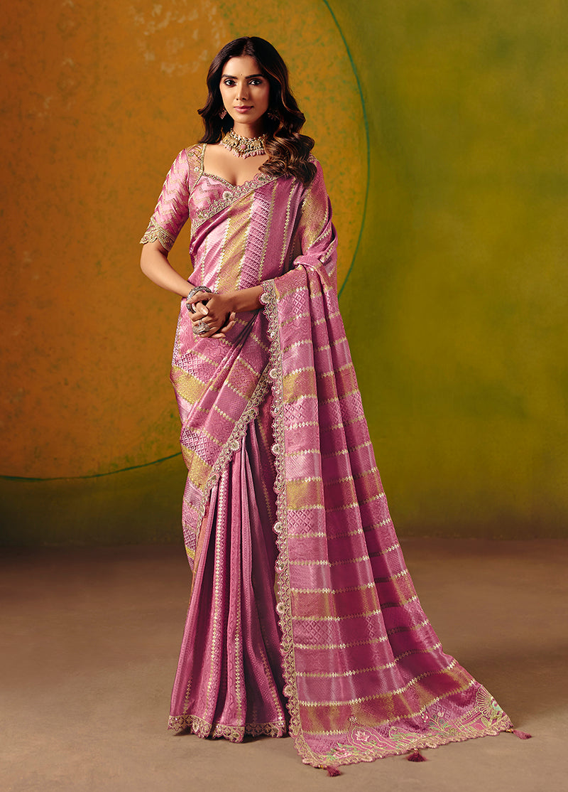 Monjolika Fashion Onion Pink Embroidered Jacquard Saree - Distacart