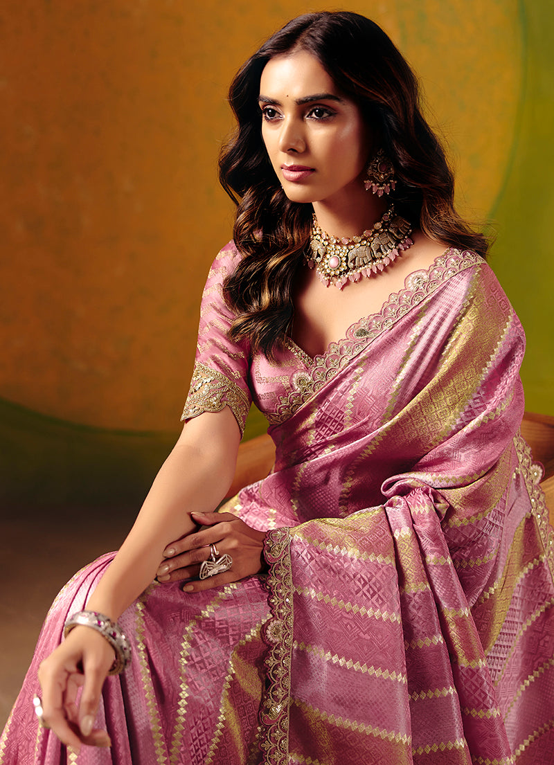 Monjolika Fashion Onion Pink Embroidered Jacquard Saree - Distacart