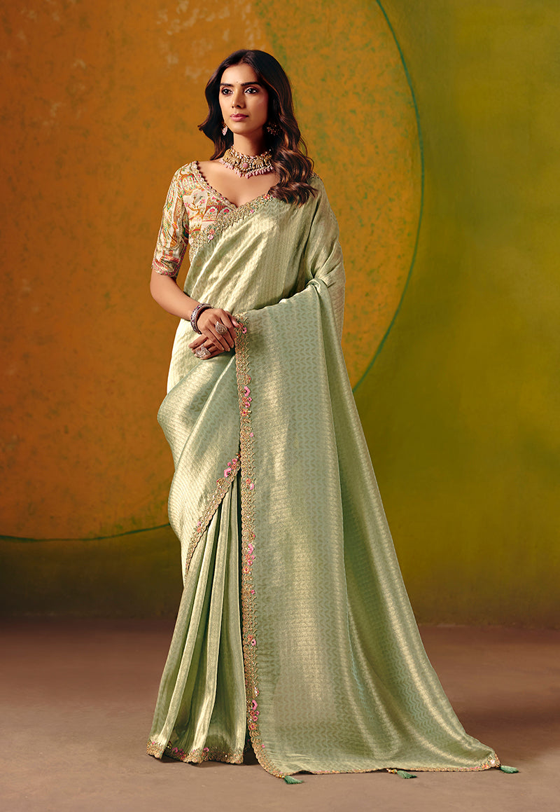 Monjolika Fashion Pista Green Embroidered Silk Blend Saree - Distacart