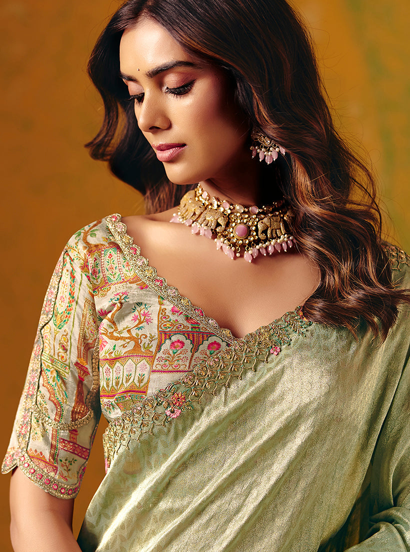 Monjolika Fashion Pista Green Embroidered Silk Blend Saree - Distacart
