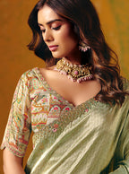 Monjolika Fashion Pista Green Embroidered Silk Blend Saree - Distacart