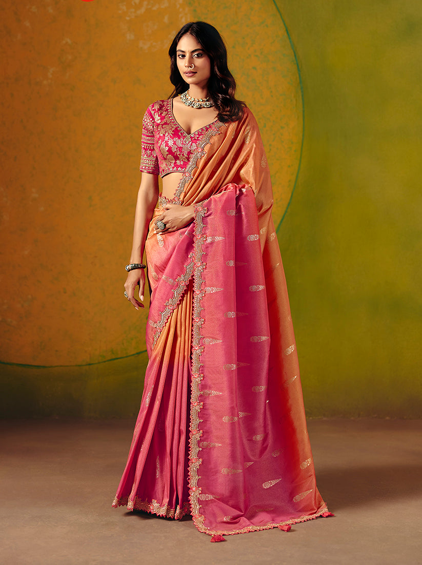 Monjolika Fashion Rani Pink & Peach Embroidered Silk Blend Saree - Distacart