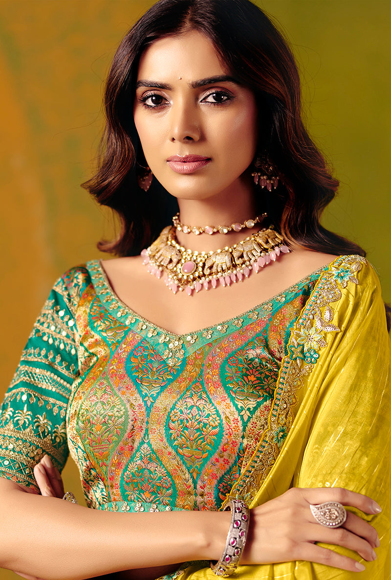 Monjolika Fashion Yellow Embroidered Silk Blend Saree - Distacart