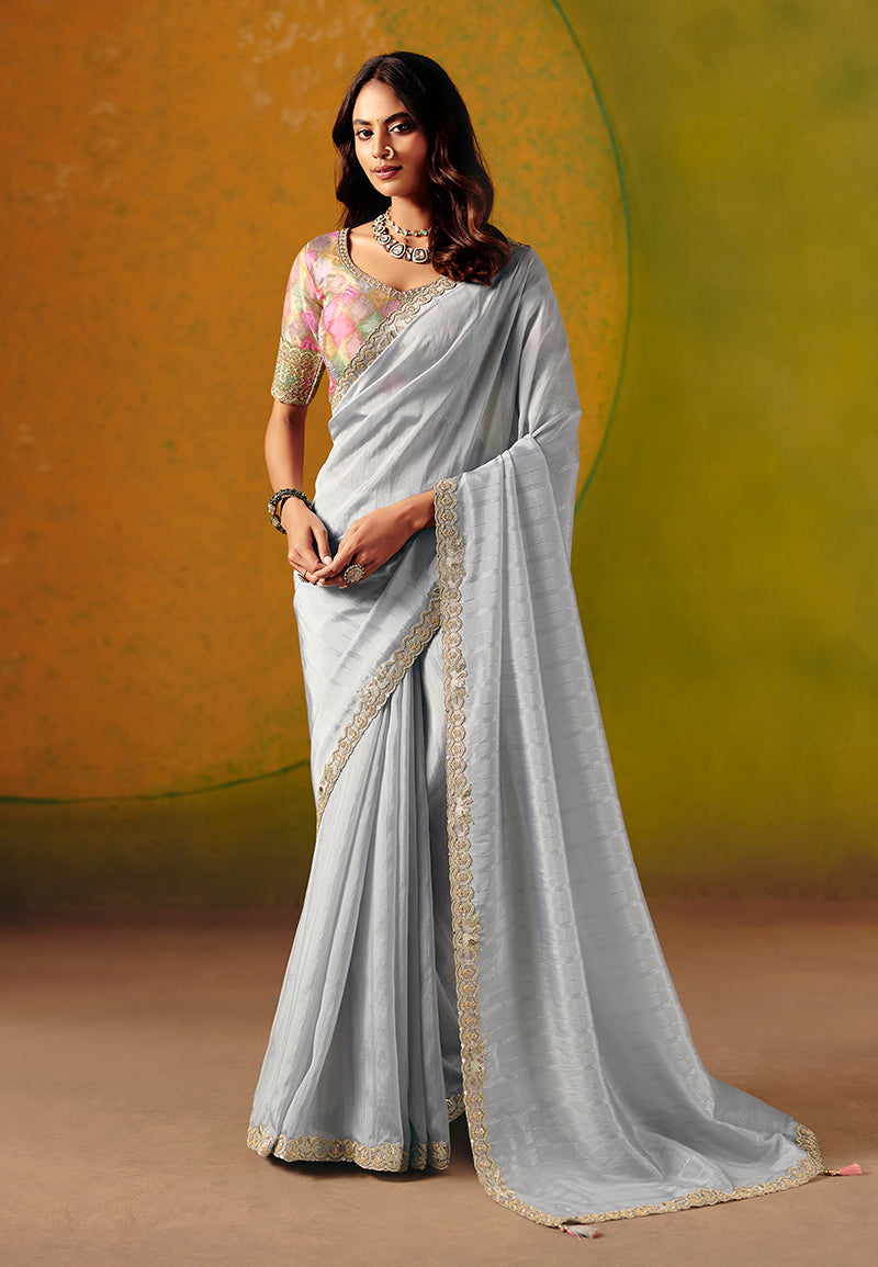 Monjolika Fashion Light Grey Embroidered Silk Blend Saree - Distacart