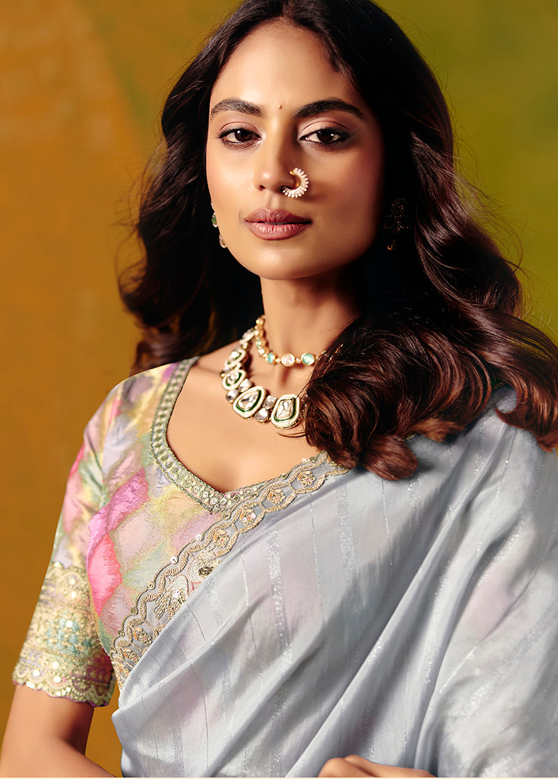 Monjolika Fashion Light Grey Embroidered Silk Blend Saree - Distacart