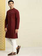 House of Pataudi Men Maroon Solid Straight Kurta