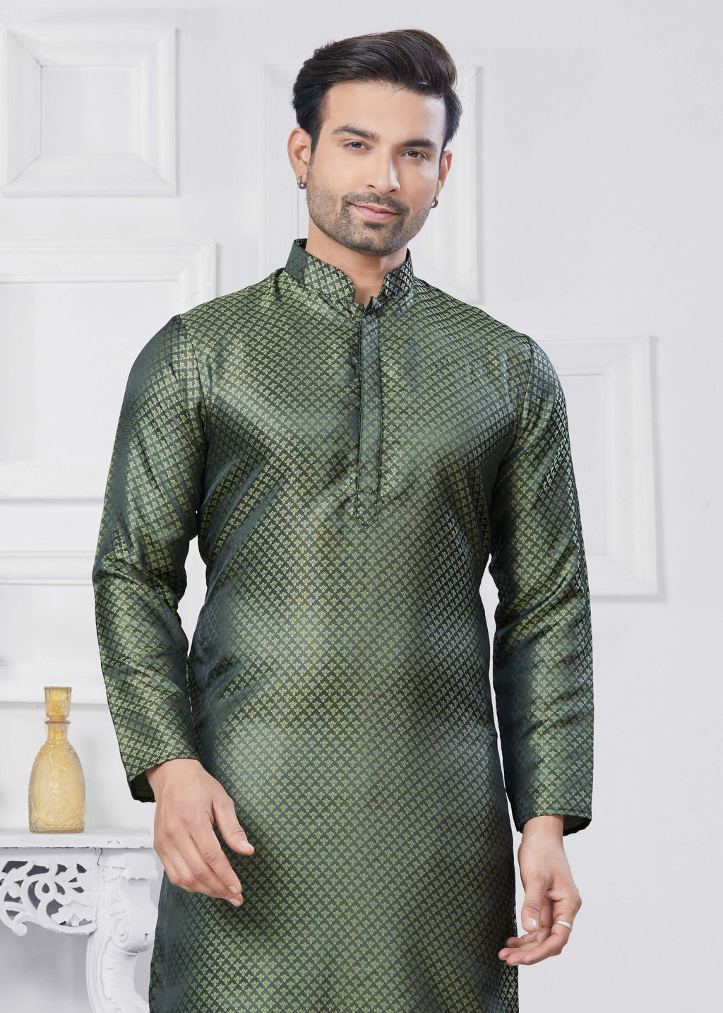 Joban Fashion Men's Jacquard Silk Green Printed Kurta Pyjama set