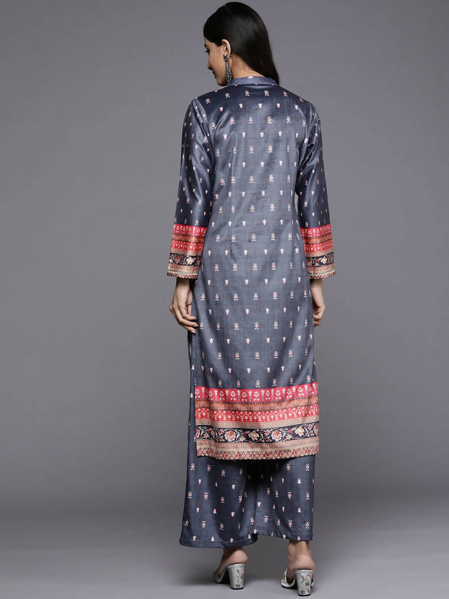 Ahalyaa Women Navy Blue Ethnic Motifs Printed Gotta Patti Velvet Kurta with Palazzos - Distacart