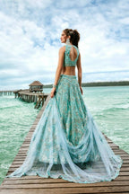 House of Panchhi Turquoise Blue Net Sequins And Zarkan Embroidery Lehenga Choli & Dupatta