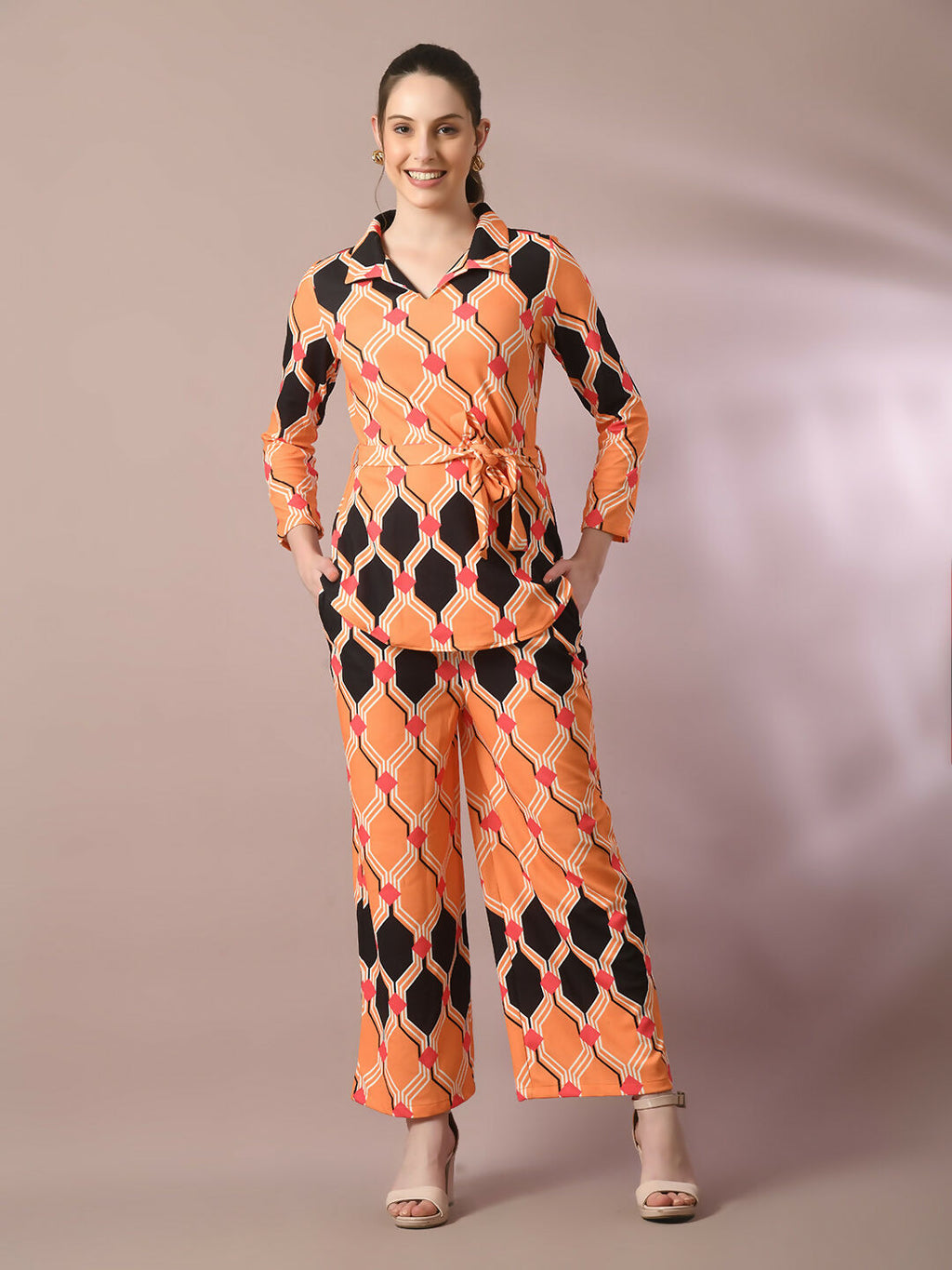 Myshka Women's Multi Printed Polo Collar Party Top With Trousers Co-ord set