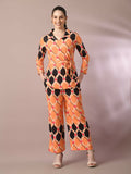 Myshka Women's Multi Printed Polo Collar Party Top With Trousers Co-ord set
