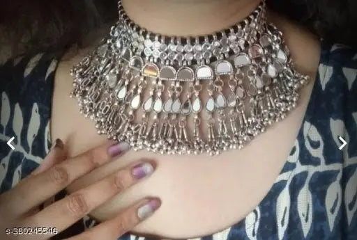 Tehzeeb Creations Women's Silver Colour Oxidised Necklace Set With Mirror Work