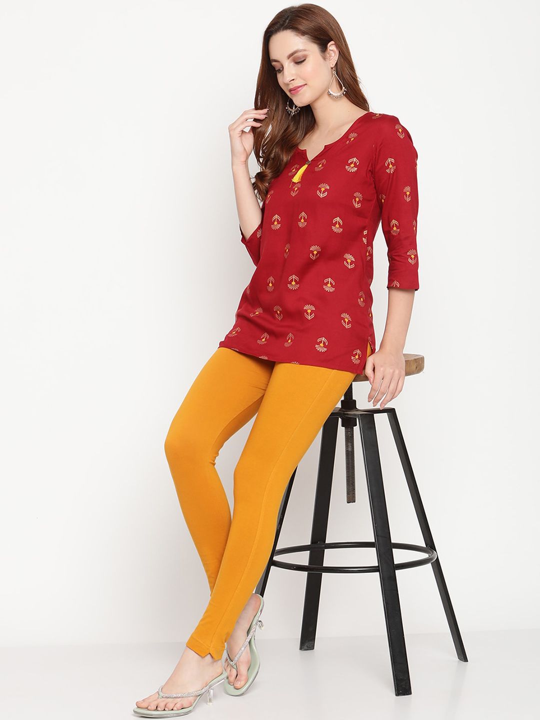 TAG 7 Women Pack of 2 Mustard Yellow & White Solid Leggings