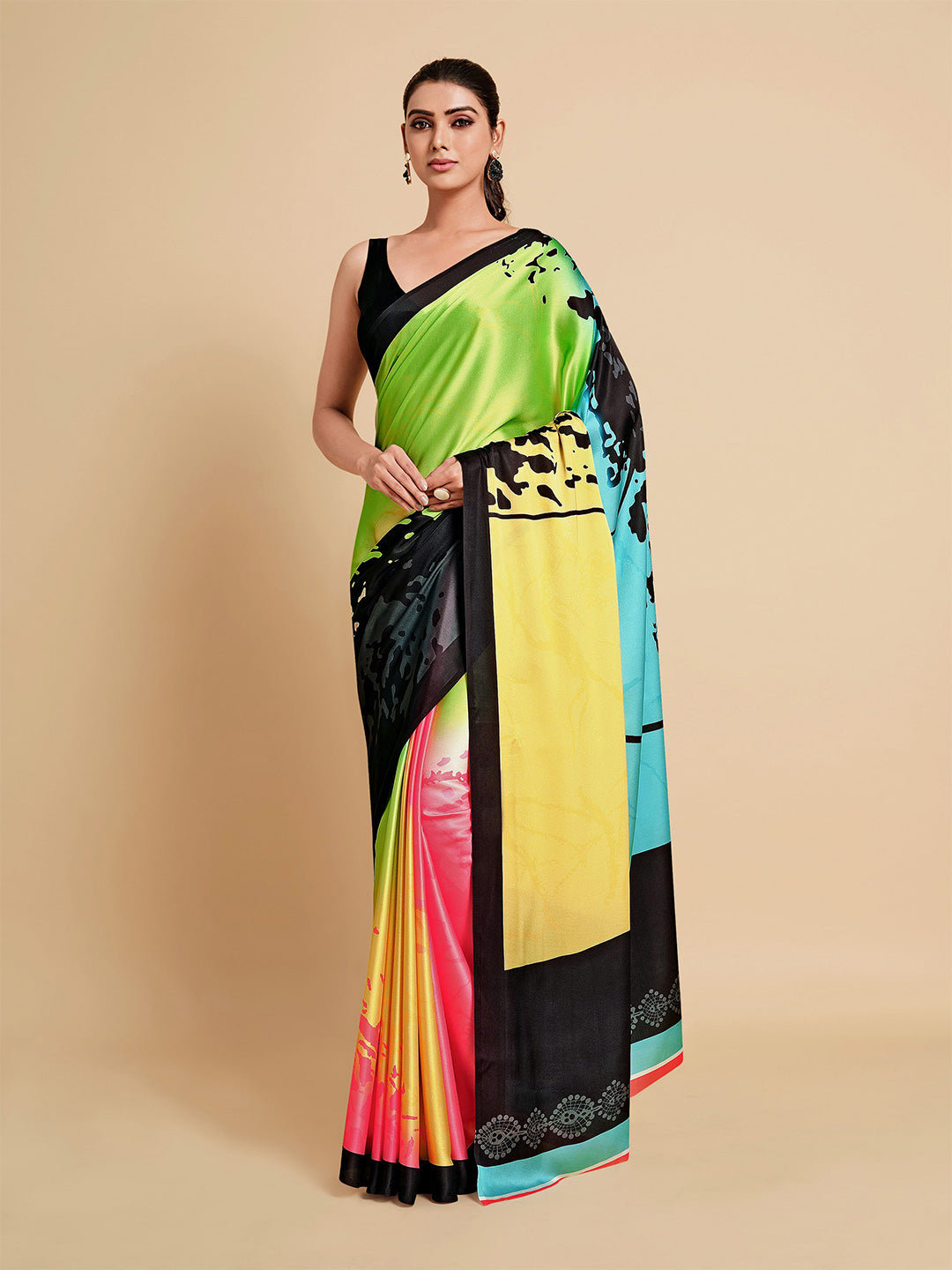 Sangria Lime Green & Blue Satin Saree - Distacart